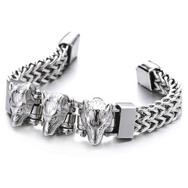 COOLSTEELANDBEYOND Men Steel Square Franco Chain Curb Chain Bracelet, ID Identification with Three Wolf Head Link Chain