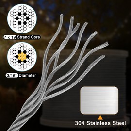 3/16" Stainless Steel Cable, 250ft Wire Rope, 7X19 Strands Aircraft Cable, 3700lbs Breaking Strength, Heavy Duty Applications Zip Line, Cable Railing System, Deck Railing, String Lights & Yard Zipline