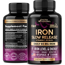 Iron Supplement for Women - Iron 65mg (Ferrous Sulfate 325mg) - Stomach Friendly | Slow Release Iron | High Absorption - Vitamins C, D3, B6, B12 & Folate - Iron Level & Energy Support - 60 Capsules