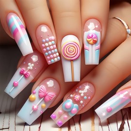 24Pcs Cute Pink Press on Nails Medium Coffin Shaped Acrylic Fake Nails French Tip Glue on Nails Sweet Candy Designs Full Cover False Nails Press on Reusable Glue on Nails for Women Girls