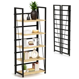 5 Tier Wood Book Shelf Organizer, No Assembly Bookshelf for Bedroom Living Room Office, Rustic Foldable Book Case, Tall Bookshelves, Open Book Shelves, Decorative Folding Shelf Display, Tall Bookcase