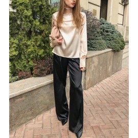 SWOMOG Women's Silk Satin Pajama Pants Longs Silky Sleep Pants Loungewear Trousers Elastic Waist Lounge Pj Bottoms