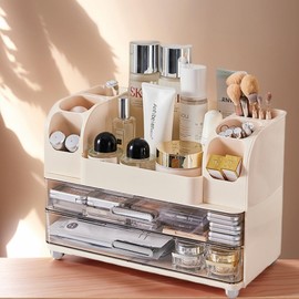 Makeup Organizer with 2 Drawers, Cosmetic Display Case, Storage Holder for Vanity, Bathroom Counter, Desk, Beauty Supplies (Cream)