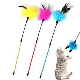IUHKBH Cat Feather Wands, 3 Colors Interactive Cat Toys Cat Teaser Wands with Soft Turkey Feather and Bell for Cats and Kitties