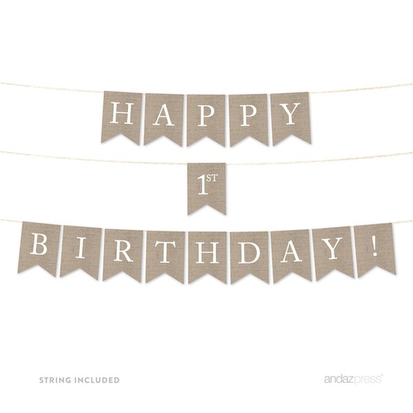 Andaz Press Hanging Bunting Pennant Party Banner with String, Printed Burlap, Happy 1st Birthday!, 6-Feet, 1-Set, Includes String