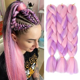 AFNOTE Pink Braid in Hair Extensions 24 Inch 3 Packs Synthetic High Temperature Rainbow Jumbo Braiding Hair Pink Mix Purple Crochet Colored Hair Extensions for Braiding(Pink/Purple)