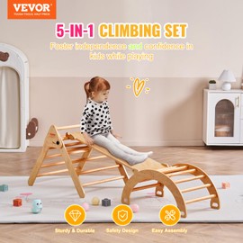 VEVOR Pikler Triangle Set, 5 in 1 Toddler Climbing Toys Indoor Playground, Ramp, and Arch, Montessori Climbing Set with Triangle, Wooden Climbing Gym for Toddlers 1-3 Years, Natural, Large Size