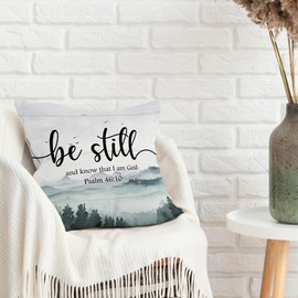 MNASAIOO Christian Mountain Woods Decorative Throw Pillow Covers, Bible Verse Be Still and Know That I Am God Pillows Covers, Religious Rustic Pillow Cases Decor for Prayer Room Couch Bedroom 18x18in