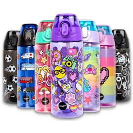 Fringoo - 600ml Kids Water Bottle with Straw & Fliptop Lock - 100% Leakproof - BPA Free 600ml Kids Water Bottle for School - Rainbow Smile