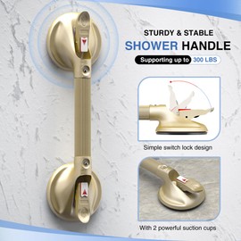 DAILYLIFE Shower Grab Bar for Bathtubs and Showers, 17 inch Heavy Duty Shower Handle with Strong Suction Cup Grab Bars, Safety Shower Handrails for Seniors and Elderly, Gold