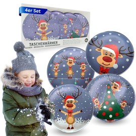 Lüttenburg Set of 4 Pocket Warmers for Children Reindeer Rudolph - Reusable Hand Warmers Round Gift for Christmas - Christmas Pocket Heating Cushion for Bending - Advent Calendar Filling