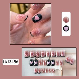 Heart Press on Nails Square Short Fake Nails with Pink Heart Designs Full Cover Acrylic Nails Valentines Day Glue on Nails Black French Tip False Nails for Women Girls DIY Valentine's Day Nails 24Pcs