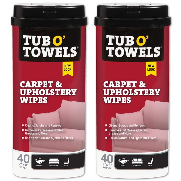 Tub O' Towels Carpet, Rug, and Upholstery Cleaning Wipes - Cleans, Scrubs, and Renews, 40-7” x 8” Wipes Per Tub, 2-Pack, white (TW40-CP-2)
