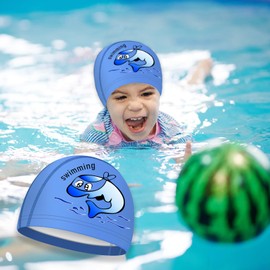 ZWWOGE Badekappe Kinder Stoff (4-10 Jahre) – Bequem, Langlebig & Hochelastisch, Delphin Cartoon PU wasserdicht beschichtete Badekappe