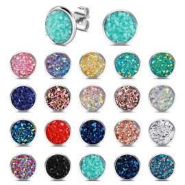 20 Pairs of Stud Earrings Set Round Druzy Stainless Steel Stud Earrings Jewellery Boho Statement Earrings Fashion Jewellery Earrings Set Girls, Stainless steel and shiny resin, No gemstone.