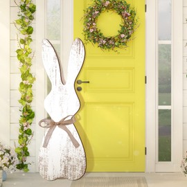 Yerliker 35.5 H Easter Bunny Porch Decor Sign Easter Outdoor Decor Wooden Bunny Standing Porch Sign Vertical Farmhouse Rabbit with Ribbon for Front Door Indoor Outdoor Yard Garden Decor