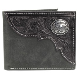 American Bison Tooled Side Bifold Wallet with Conchos–Oil Pull Up Classic Western Craftsmanship & RFID Protection (Long Horn, Black)