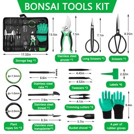 Bonfino Bonsai Tree Kit, 21 Pcs Bonsai Tools Kit for Beginners, Gardening Succulent Tools Set, Scissors, Pruning Shears, Wires, PU Leather Bag, Gardening Gift for Women Men