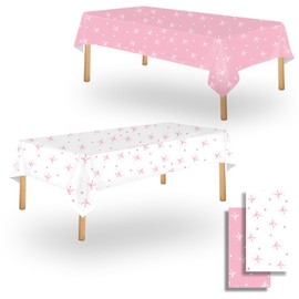 OQOQ Pink Bow Tablecloth(2 Packs), 137x274 cm Pink Ribbon Plastic Disposable Tablecover Rectangle Table Cover for Birthday Bachelorette Party Bridal Shower Breast Awareness Month Decorations Supplies