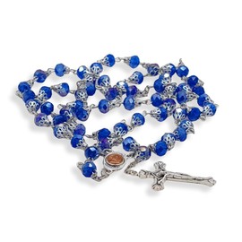OISJHW Blau Kristallperlen Rosenkranz Katholische Halskette Kreuz Rosenkranz Kugelkette Silber Kette Herren Damen Halsketten
