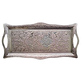 Metal Serving Tray with Raised Edges, Vintage Design Tray, Rectangular Metal Serving Tray, Decorative Serving Platter, Turkish Ottoman Coffee Tea Beverage Serving Square Tray (Silver)