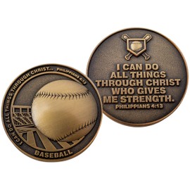 Christian Sports Coin for Young Athletes, for Boys and Girls, Gift for Baseball Players or Baseball Team, I Can Do All Things Through Christ, Antique Gold Plated Challenge Coin, Philippians 4:13