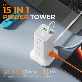 Surge Protector Power Strip Tower, TESSAN 10 ft Flat Extension Cord with Multiple Outlets, 12 AC Outlets with 3 USB Ports (1 USB C), Multi Charging Station for Office Supplies, Dorm Room, Home, White
