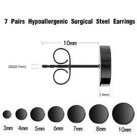 7 Pairs Black Earrings Surgical Steel Studs Hypoallergenic 316L Stainless Steel Stud for Men Women Contain 3,4,5,6,7,8,10 mm