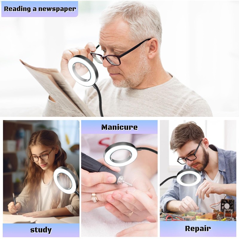 10X Magnifying Glass with Light, Clip on Mganifier with Light,