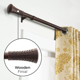 Deco Essential 2 Pcs Adjustable Brown Curtain Rod for Windows 66 to 120 Inch Extendable Heavy Duty Iron Drapery Pole with Wood Taper Finials (19mm Diameter)