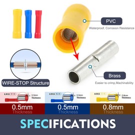 Chanzon UL Listed Butt Connectors Kit 10 12 14 16 18 22 AWG Gauge Assorted Splice Crimp Red Blue Yellow Fully Insulated PVC Wire Splice Connector Copper (150pcs)