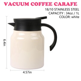 CABAX 34oz Small Thermal Coffee Carafe Tea Pot Stainless Steel, Double Wall Vacuum Insulated, 12+ Hours Hot & Cold Retention for Coffee Tea Beverage, 1L Capacity, White