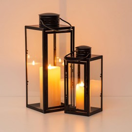 NUPTIO Lanterns Decorative Indoor Black: 9.5 & 13.8 inch Tall Wedding Hurricane Lantern with Glass Panel Set of 2 Modern Iron Candle Holders for Christmas Thanksgiving Front Porch Fireplace Decor