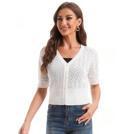 Women's V Neck Cropped Cardigan, Short Sleeve Casual Button Front Knit Sweater Top White XL