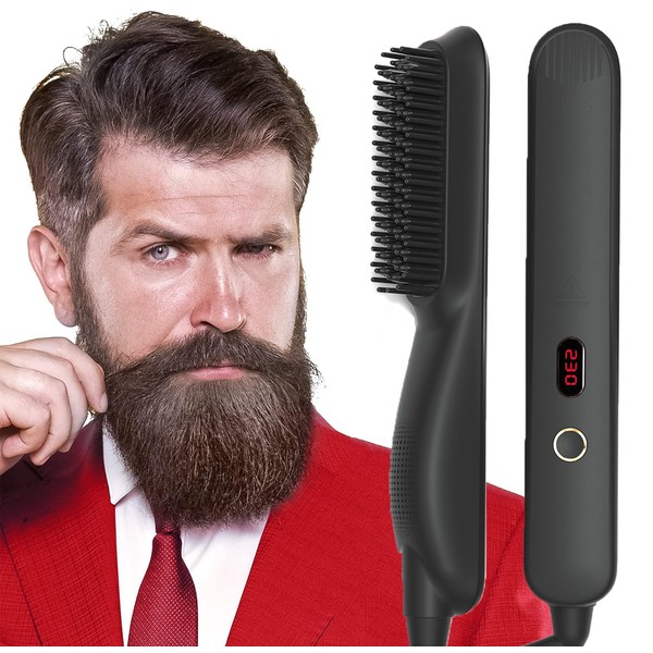 Beard Straightener for Men, Premium Heated Beard Brush Professional Straightening Tool Hot Comb - Anti-Scald Feature - 5 Heat Levels - LCD Screen Display - Beard Grooming Kit for Men Gift Set
