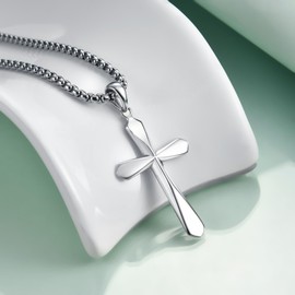 925 Sterling Silver Cross Necklace for Men Beveled Edge Christian Religious Jewelry Gift with Stainless Steel Chain 20"