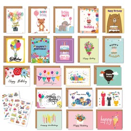 20Pcs Birthday Cards Assortment 3"x4"with Envelopes and Stickers for Family, Kids, Friends, Work & Office Celebrations