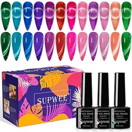 Supwee Neon Cat Eye Gel Polish Set with Magnetic, Sparkle Glitter Cateye Nail Polish Gel Holographic Magnetic Gel Polish Long Lasting Soak Off UV/LED Gel for Professional Nail Salon or DIY at Home