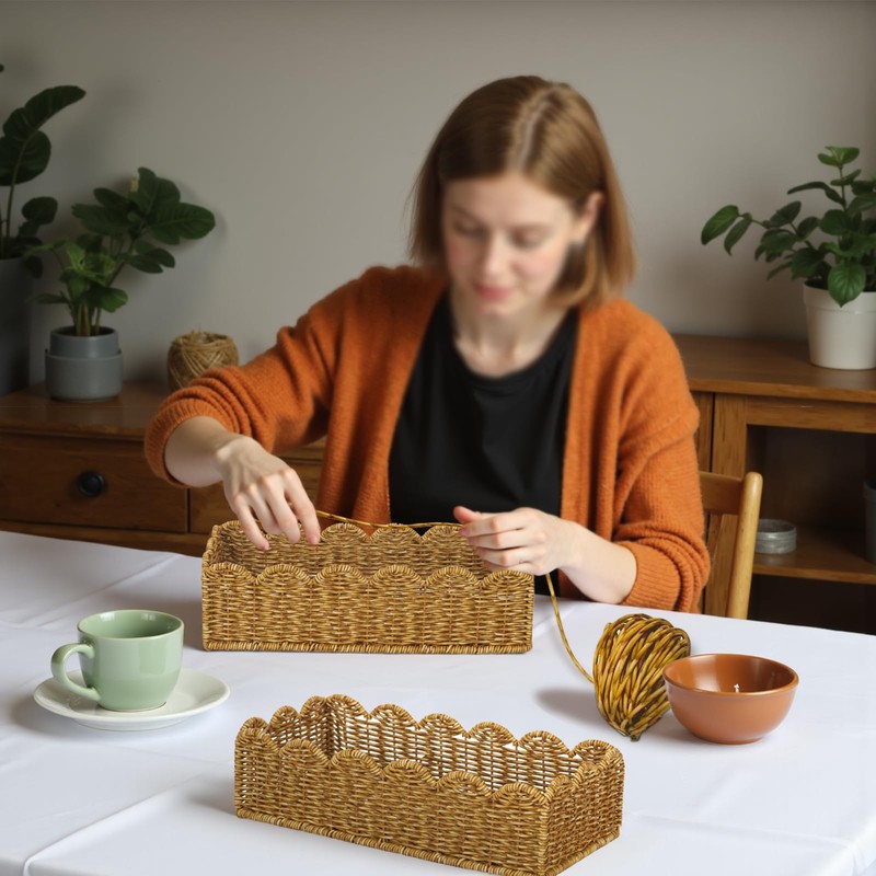 Scalloped Toilet Paper Basket - Resin Wicker Water-Resistant Storage Toilet