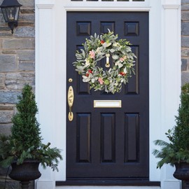 Quixem 20-inch Olive Leaf Wreath with Pink Red Flowers – Artificial Lamb's Ear & Boxwood Spring Wreath for Front Door, Indoor Outdoor, Easter, Seasonal Home Decoration, Farmhouse & Rustic Style