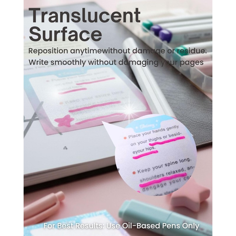 200pcs Glitter Sticky Notes, Transparent Sticky Notes with Pink Blue