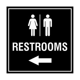 Signs ByLITA Square Restrooms left arrow Sign with Adhesive Tape (Black) - Small (1 Pack)