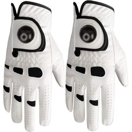 AXKAL Golf Glove Men Left Hand Right Leather With Ball Marker Value 2 Pack, Mens Golf Gloves All Weather Left Right Handed Golfer Durable Soft Comfortable Fit Size S M ML L XL (White, ML, Right)