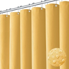 Dynamene Gold Fabric Shower Curtain - Waffle Weave Textured Heavy Duty Cloth Shower Curtains for Bathroom, 256GSM Hotel Luxury Weighted Bath Curtain Set with 12 Hooks,72x72, Gold