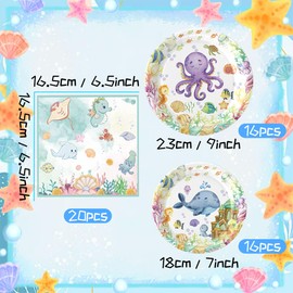 52 PCS Ocean Plates and Napkins Under the Sea Decorations for 16 Guests Sea Animal Underwater Beach Summer Birthday Party Supplies