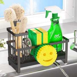 Soporte de esponja para fregadero de cocina, carrito de fregadero con soporte extraíble para cepillo para polvo de platos, organizadores de encimera de cocina autodrenante y elementos esenciales de