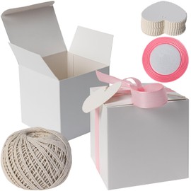VOKABY Pack of 50 White Cardboard Gift Boxes for Wedding Gifts, Includes 50 Blessing Cards, 100 m Rope, 22 m Ribbon