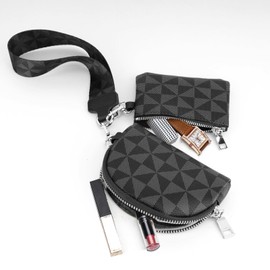 Veki Keychain Wallet Wristlet for Women, Mini Detachable Dual Coin Purse Pocket Key Chain Wallets, Portable Small Clippable Card Pouch, Zip Around Key Ring Wallet Clip Pouch (Black Pattern)