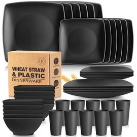 Teivio 40-piece Wheat Straw Square Dinnerware Set for 10, Unbreakable Dinner Plates, Salad Plates, Snack Bowls, Tumblers 20 oz, Dishwasher Safe, Black