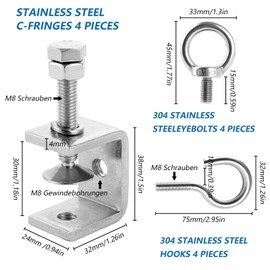 LDHHYH Pack of 4 Stainless Steel C-Clamps with Stainless Steel Hooks and Eye Bolts, C Clamp 30 mm Clamping Range 0-25 mm Screw Clamps, Jaw Openings for Woodwork, Welding, Carpentry